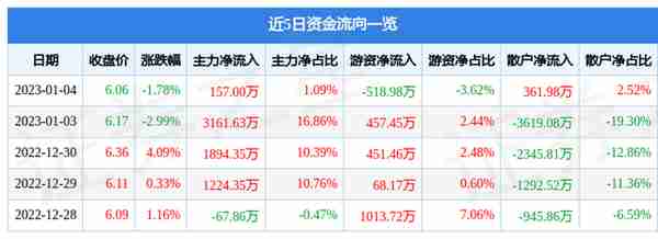 深圳能源（000027）1月4日主力资金净买入157.00万元