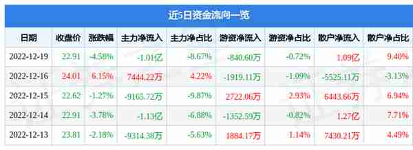 华润双鹤（600062）12月19日主力资金净卖出1.01亿元