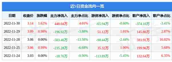 大众公用（600635）11月30日主力资金净买入440.04万元