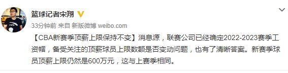CBA新赛季顶薪仍为600万元 外援工资帽500万美元
