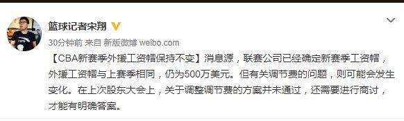 CBA新赛季顶薪仍为600万元 外援工资帽500万美元